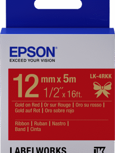 Epson zásobník so štítkami – saténový pásik, LK-4HKK, zlatá/červená, 12 mm (5 m)