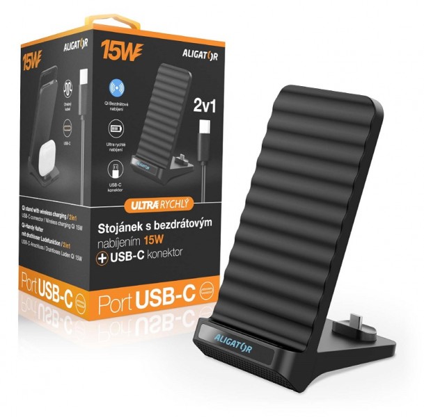 Aligator Stojanček s bezdrôtovým nabíjaním 15W a USB-C konektorom, 2v1, čierny