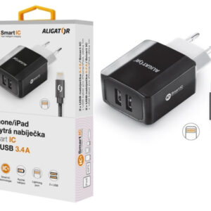 Múdra sieťová nabíjačka ALIGATOR 3.4A, 2xUSB, smart IC, čierna, kábel pre iPhone/iPad 2A