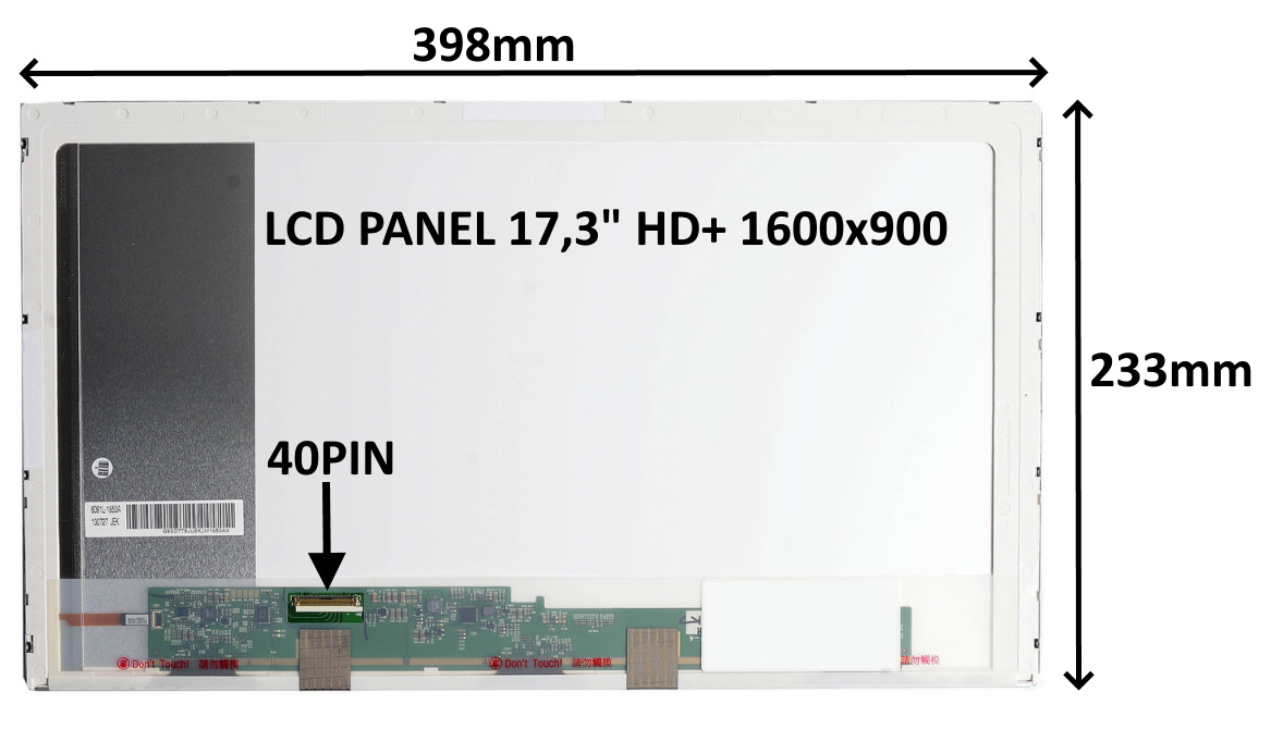 LCD PANEL 17,3" HD+ 1600x900 40PIN LESKLÝ / SKRUTKOVANIE Z BOKOV