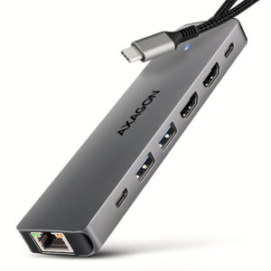 AXAGON HMC-7HX2, USB 5Gbps hub, 2x USB-A, USB-C, 2x HDMI 4k/60Hz, RJ-45 GLAN, PD 100W, kábel 15cm