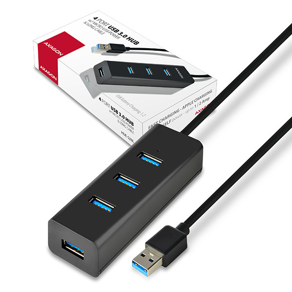 AXAGON HUE-S2BL, 4x USB 3.0 CHARGING hub, micro USB napr. konektor, kábel USB-A 1.2m