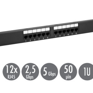 19" patch panel Solarix 12 x RJ45 CAT5E UTP 150 MHz čierny 1U SX12-5E-UTP-BK