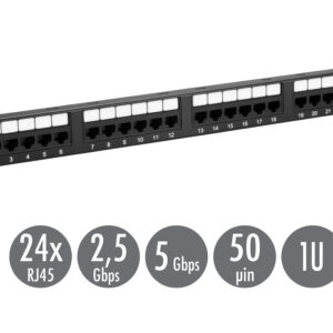 19" patch panel Solarix 24 x RJ45 CAT5E UTP 150 MHz čierny 1U SX24-5E-UTP-BK