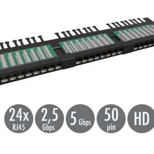 19" patch panel Solarix 24xRJ45 CAT5E UTP s vyväzovacou lištou čierny 0,5U SX24HD-5E-UTP-BK