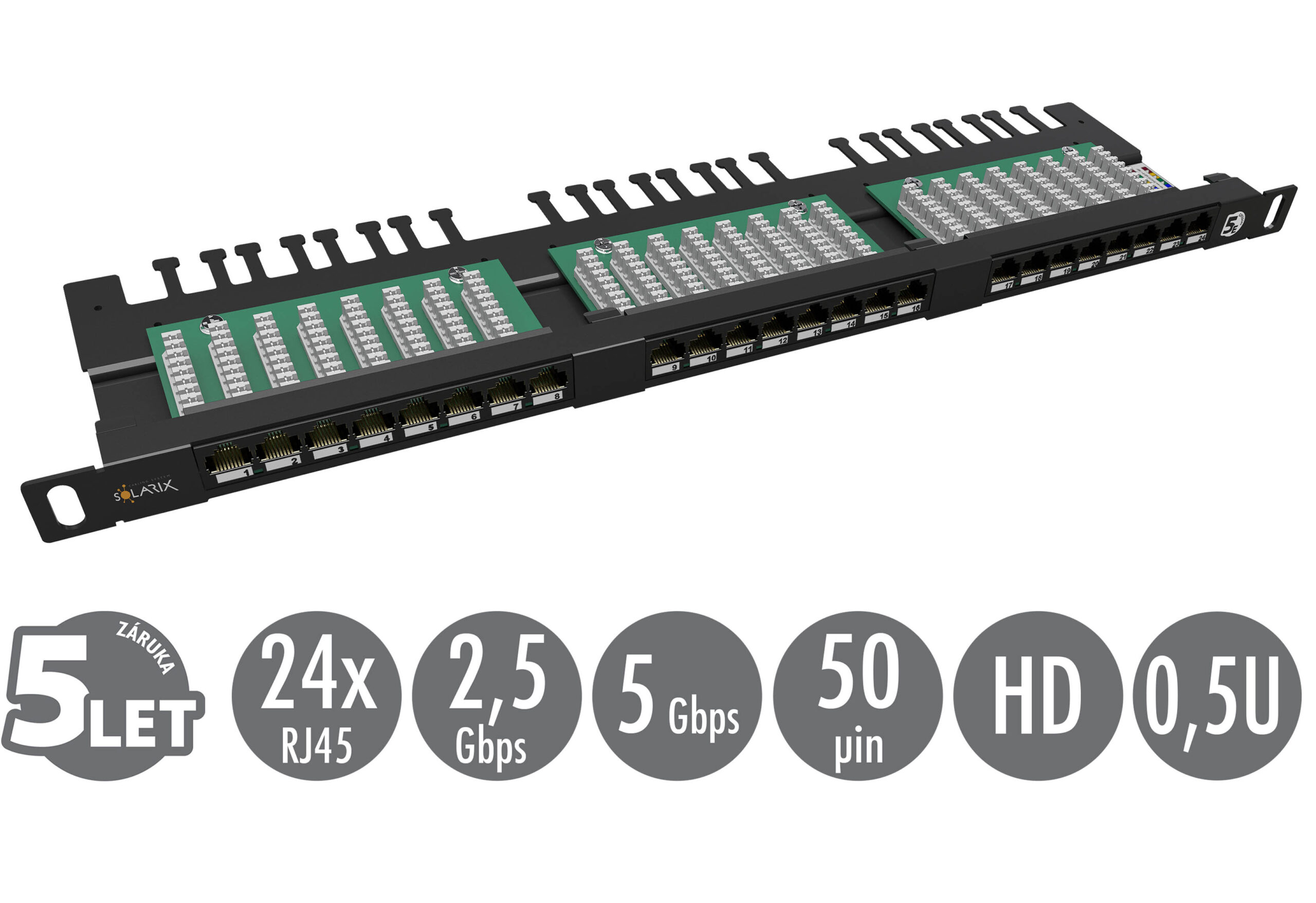 19" patch panel Solarix 24xRJ45 CAT5E UTP s vyväzovacou lištou čierny 0,5U SX24HD-5E-UTP-BK