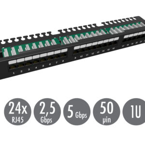 19" patch panel Solarix 24 x RJ45 CAT5E UTP s vyväzovacou lištou 1U SX24L-5E-UTP-BK-N