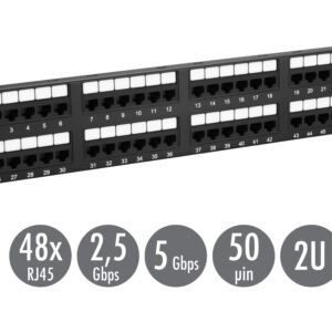 19" patch panel Solarix 48 x RJ45 CAT5E UTP 150 MHz čierny 2U SX48-5E-UTP-BK