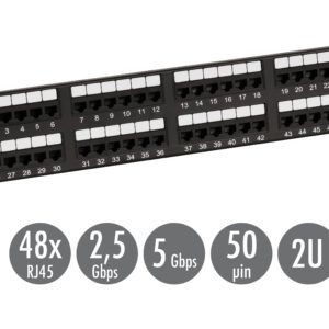19" patch panel Solarix 48 x RJ45 CAT6 UTP 350 MHz čierny 2U SX48-6-UTP-BK