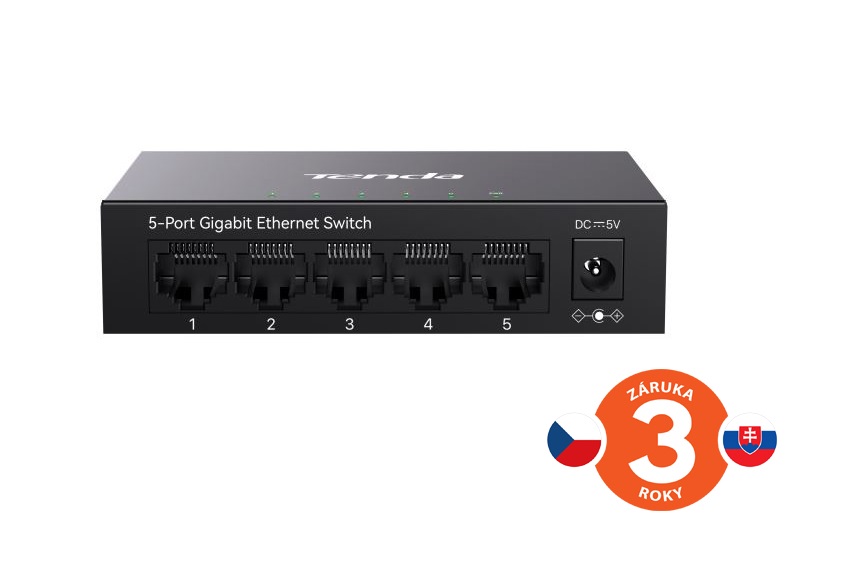 Tenda TEG1005M - 5x 10/100/1000 Mbps Kovový Switch, Fanless - bez ventilátorov, ochrana 6 kV