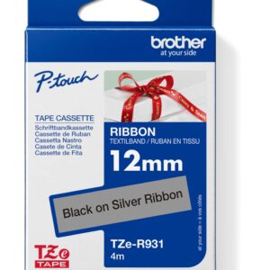 Brother TZE-R931 čierna na strieborné, 12 mm, textilná páska