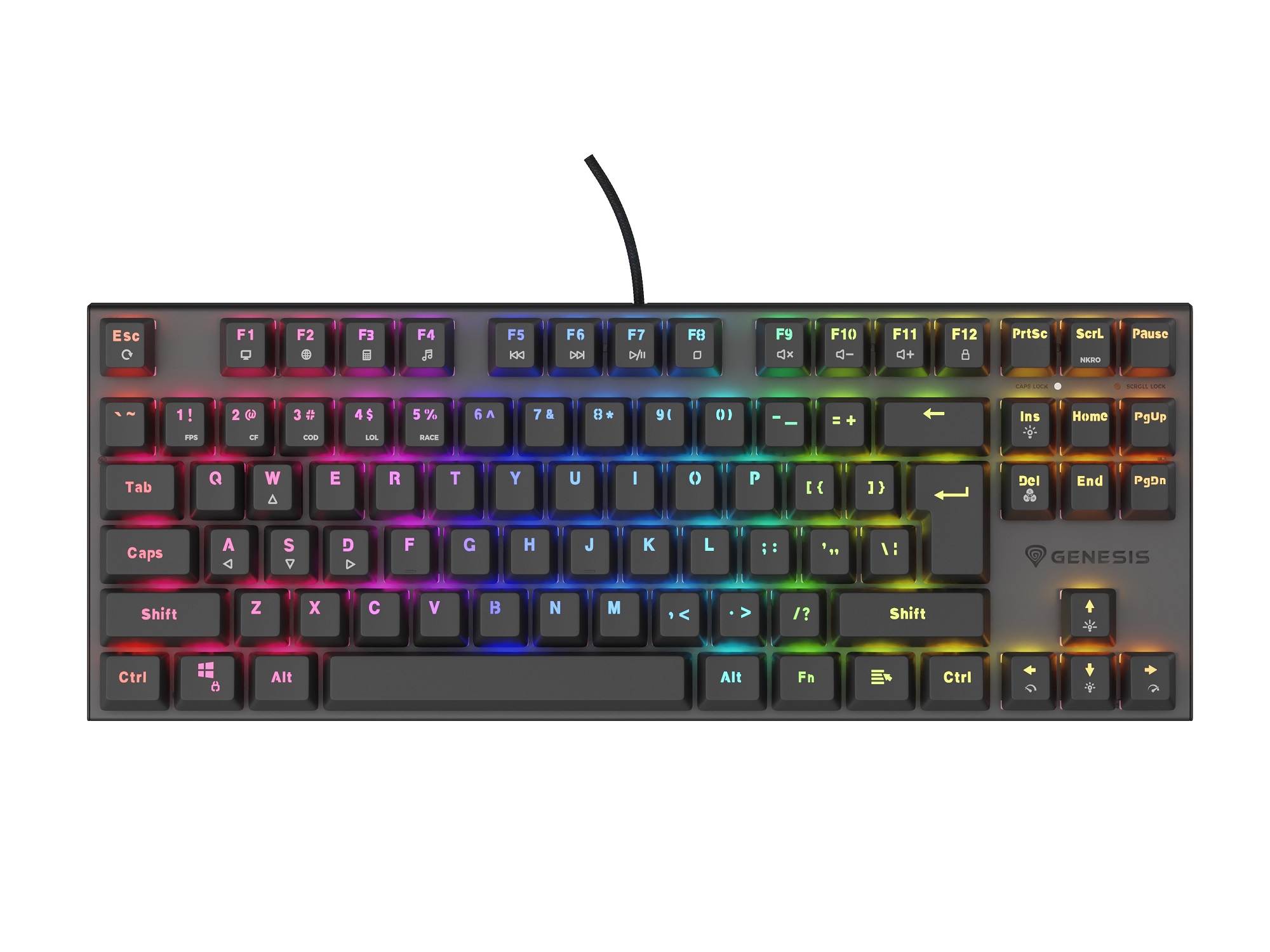 Genesis herná mechanická klávesnica THOR 303/TKL/RGB/Outemu Peach Silent/Drôtová USB/US layout/Čierna