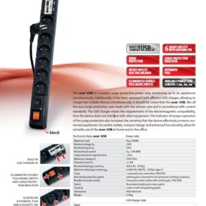 Acar USB 3m kábel 6 zásuviek 2xUSB prep.ochr.čierny