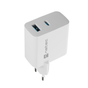 Univerzálna USB nabíjačka Natec RIBERA GaN 45W, 1X USB-A, 1X USB-C, biela